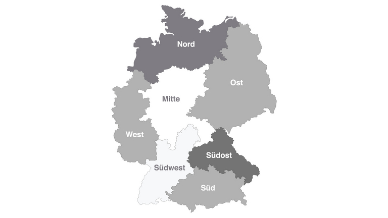 Deutschlandkarte nach Gebietsleiterregionen von Roto Ansprechpartnern